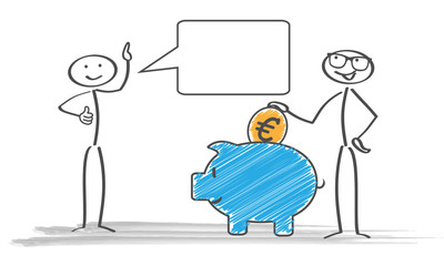 Sparschwein / Strichmännchen / Sprechblase / Euro / Münze