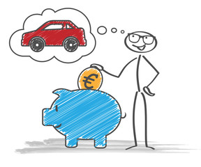 Sparschwein / Strichmännchen / Auto / Gedankenblase