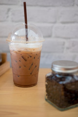 Ice chocolate with milk in a glass