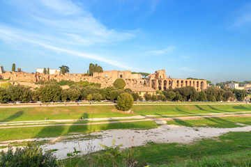 Fototapeta na wymiar Rome, Italy. View of the Great Circus and the Imperial Palaces on the Palatine Hill at sunset