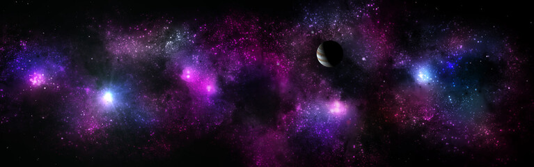 Panorama of star clusters. planet against the background galaxies, Space landscape

