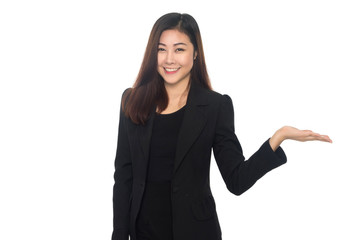 Asian businesswoman present open palm isolated