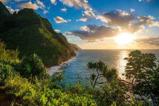 Sunset at Hawaii Kauai Napali coast Kalalau trail