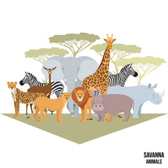 Savanna animal composition with trees. Elephant, rhino, giraffe, cheetah, zebra, lion hippo isolated African vector illustration