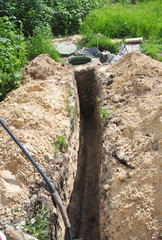 Digging trench for water pipes during house construction. Trench for Water Supply Pipeline in the New House Construction.