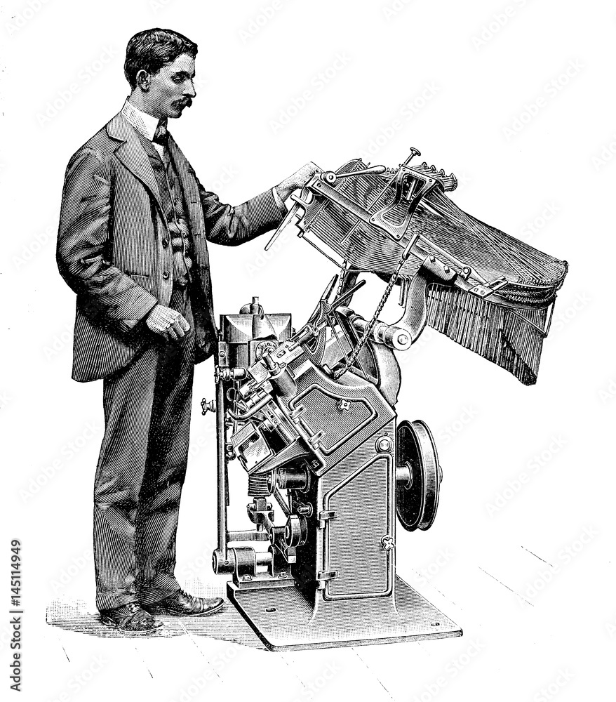Fototapete typography,man working at typesetting machine for print composition, xix century