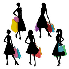 Silhouettes of women with shopping bags. Vector illustration.