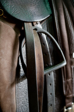 Close up of stirrup and saddle