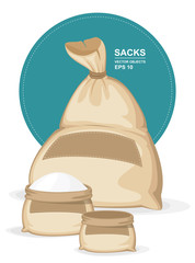 Vector illustration. Canvas sack. Big brown bagful with label on it. Full bag of flour or another products