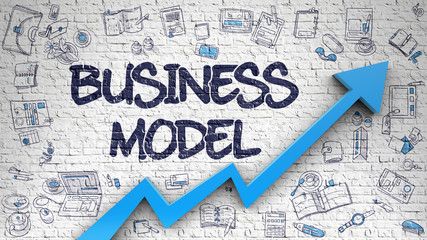 Business Model Inscription on Modern Style Illustation. with Blue Arrow and Doodle Design Icons Around. Business Model - Improvement Concept. Inscription on the Brick Wall with Doodle Icons Around. 3d - obrazy, fototapety, plakaty