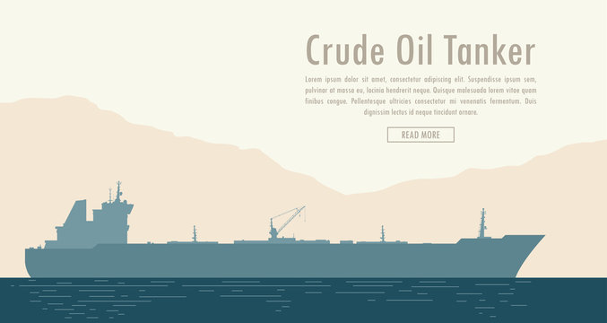 Oil tanker near the shore with mountain range. Vector illustration