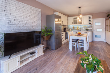 Modern living room with kitchen. Interior photography.