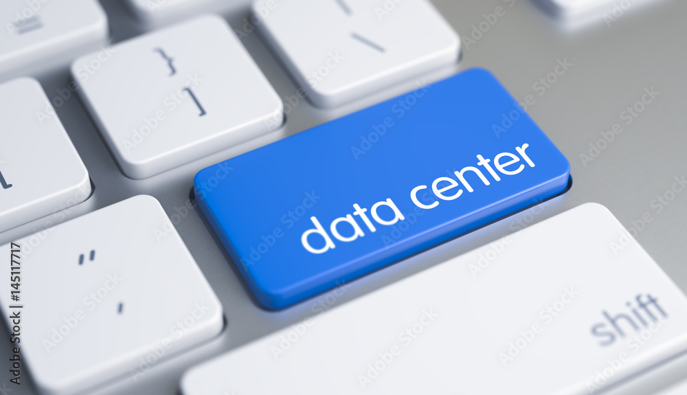 Poster caption on the blue keyboard enter button, for data center concept. modern keyboard key showing the 