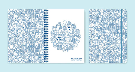 Cover design for notebooks or scrapbooks with sport and recreation line icons