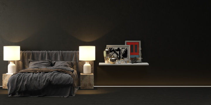 Bed In Front Of Dark Wall With Shelf - Bed Vor Schwarzer Wand Mit Regal