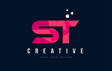 ST S T Letter Logo with Purple Low Poly Pink Triangles Concept