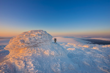 Naklejka premium Sunset over The Main Ural Ridge (between Europe and Asia)