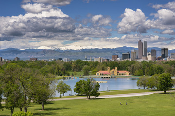 Denver City Park and a white top of Mt. Evans