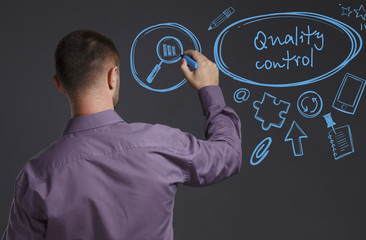 Business, Technology, Internet and network concept. A young businessman writes on the blackboard the word: Quality control