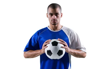 Foto op Plexiglas Portrait of football player holding football with both hands © wavebreak3