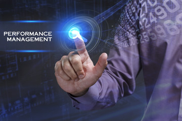 Business, Technology, Internet and network concept. Young businessman working on a virtual screen of the future and sees the inscription: Performance management