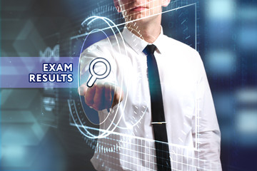 Business, Technology, Internet and network concept. Young businessman working on a virtual screen of the future and sees the inscription: Exam results
