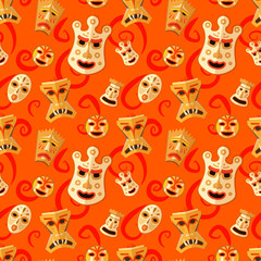 Different wooden voodoo masks on red background seamless pattern