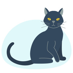 Cute black cat character funny animal domestic kitten pet feline portrait vector illustration.