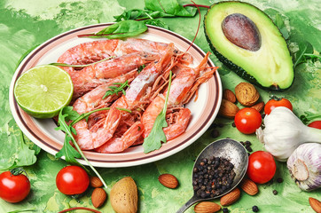 Dish with large prawns and seasonal vegetables
