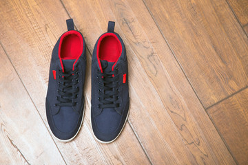 Blue sneakers on a wood background