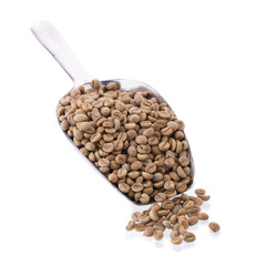 Green Arabica coffee beans in aluminum spoon on white background