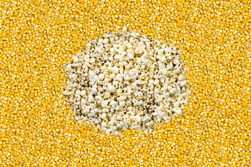 yellow corn background canvas grain popcorn stands in the center of the air appetizing