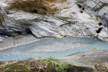 River flows through the mountains.