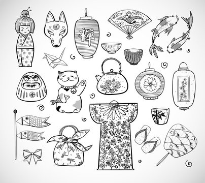 Japan doodle sketch elements. Symbols of Japan.