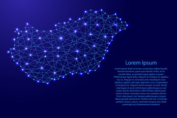 Map of Hungary from polygonal blue lines and glowing stars vector illustration