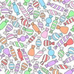 Vector outlined candies on the white background. Seamless pattern. Pastel colors.