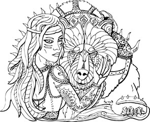 Раскраска для взрослых девушка воин и боевой медведь векторное изображение в стиле фэнтези.
