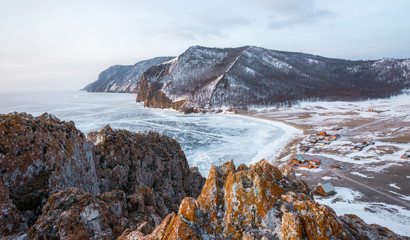 Frozen Lake Baikal view from on the Moutain, Olkhon Island, Russia