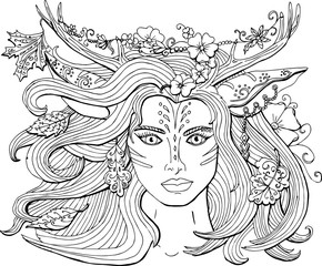 Векторное изображение красивая мистическое лесное существо девушка с оленьими рогами. Раскраска для взрослых.