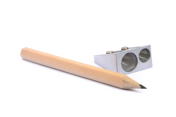 Office supplies isolated on white background, pencil, paper, staples, pencil sharpeners