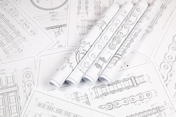 Technical engineering drawing details of drive industrial chain, sprocket and mechanisms.
