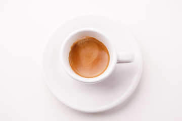 Top view a cup of espresso coffee isolated on white background