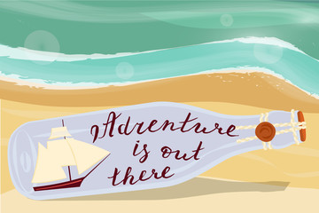 Adventure is out there. Message and Sailboat in a bottle on a beach. Home decor isolated on white background. Vector illustration eps 10