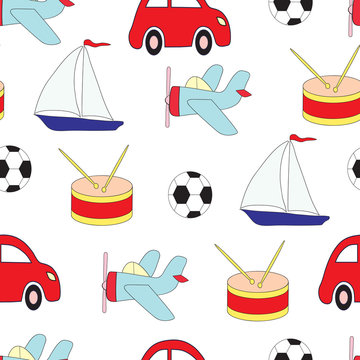 Seamless picture with toys for children with car, plane, the ship, a drum and a soccerball. A vector pattern.
