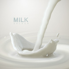Pouring milk crown splash on swirling whirlpool creamy background.