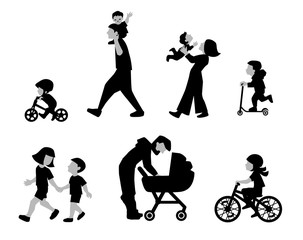 A vector illustration of families, adults, children and baby in outdoors. People on the street in different activity situation - walking, cycling isolated on white background. Character set.