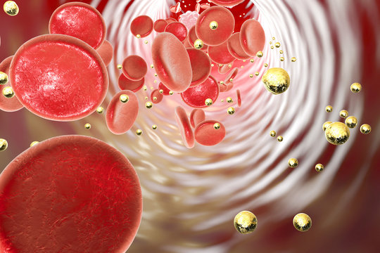 Nanoparticles in blood, 3D illustration. Conceptual image illustrating treatment and diagnostics with nanoparticles