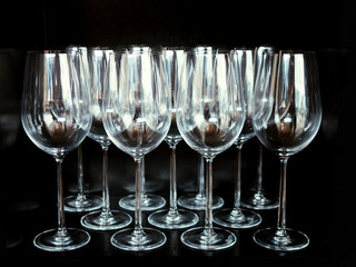Wine glasses on shelf, selective focus