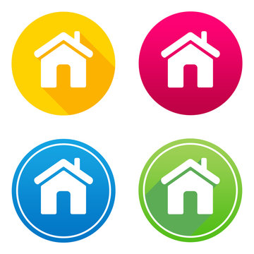 Home flat icon in 4 different colors and versions, with or without long shadows.
