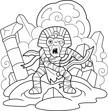 cartoon terrible mummy with a sword in his hand
